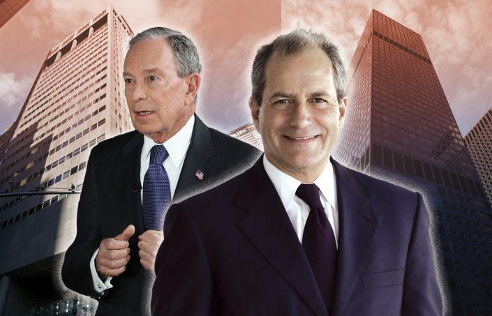 Turner Construction CEO Peter Davoren (front) and Michael Bloomberg with 120 Park Avenue (left) and 919 Third Avenue, Bloomberg buildings where renovation costs were inflated in exchange for kickbacks, authorities say.