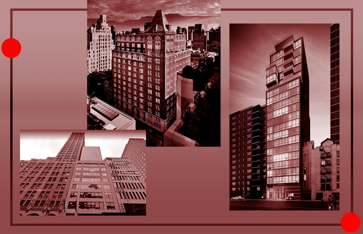 From left: Thor Equities’ 590 Fifth Avenue, the Mark Hotel and Wonder Works’ Vitre