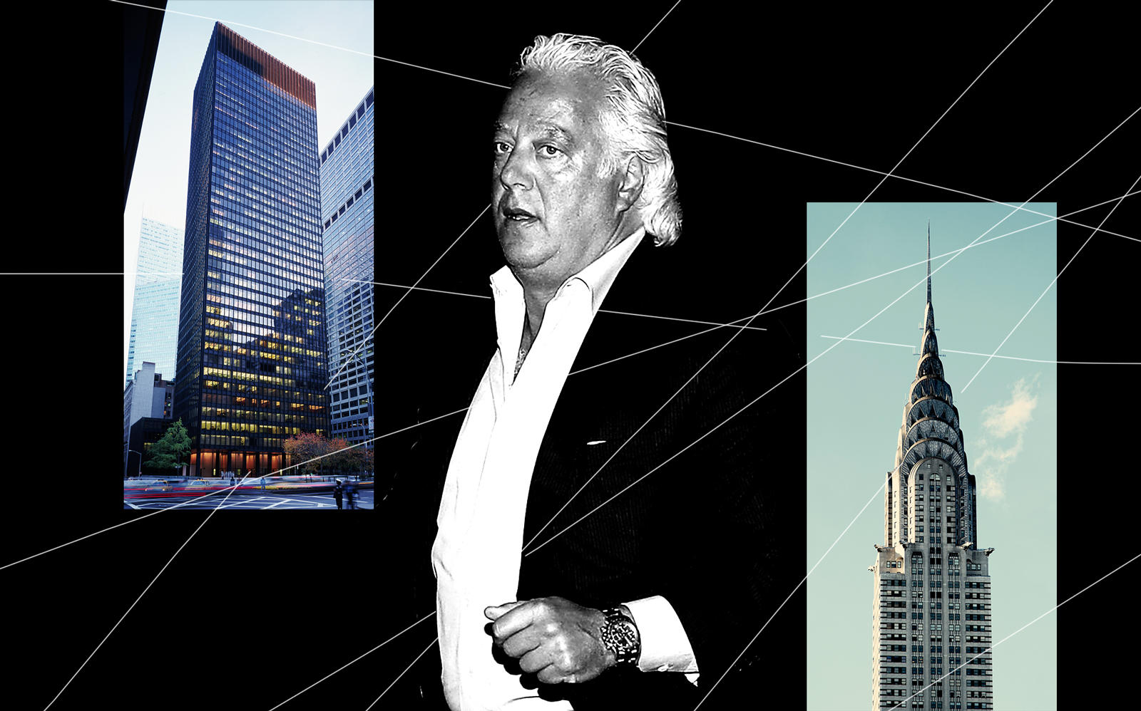 RFR Holding's Aby Rosen with the Seagram Building and the Chrysler Building (Photos via Getty; iStock)