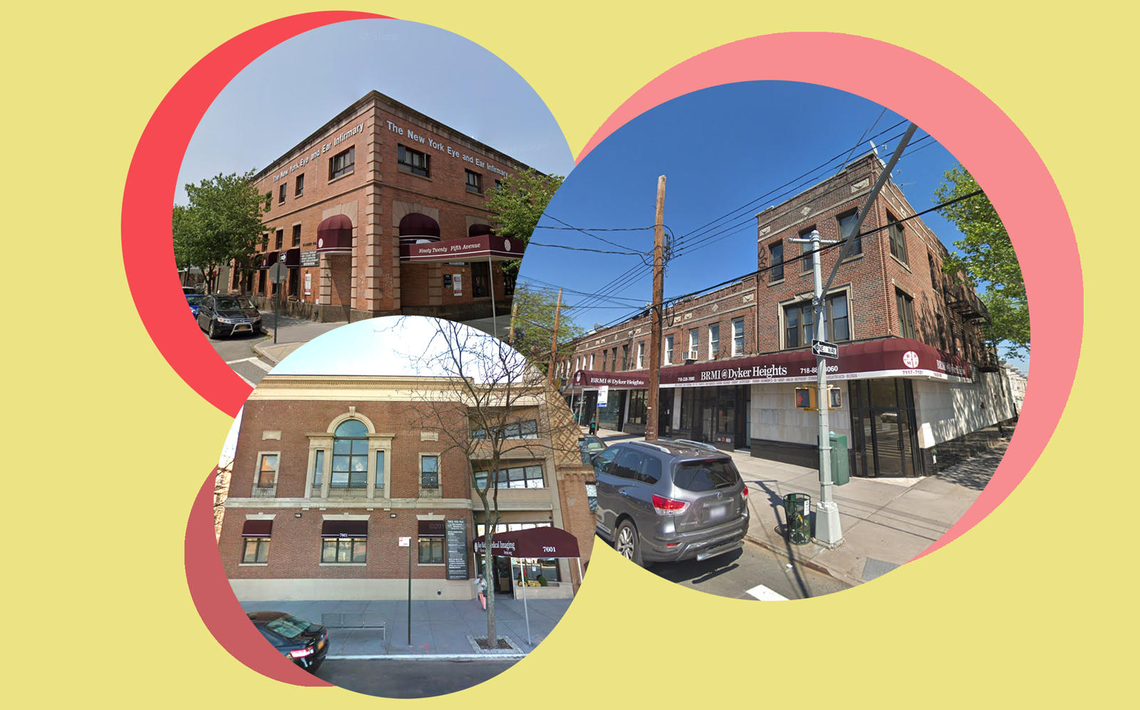 Clockwise from left: 9020 Fifth Avenue, 7115-21 13th Avenue and 7601 Fourth Avenue in Bay Ridge (Google Maps)