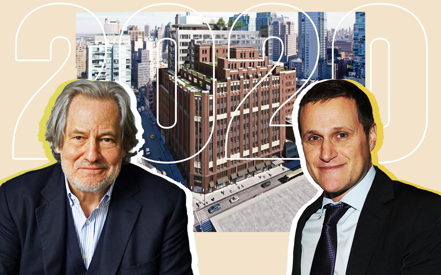 Chris Whittle and Tishman Speyer’s Rob Speyer with a rendering of The Wheeler at 181 Livingston Street (Photos via Getty Images and The Whittle School)