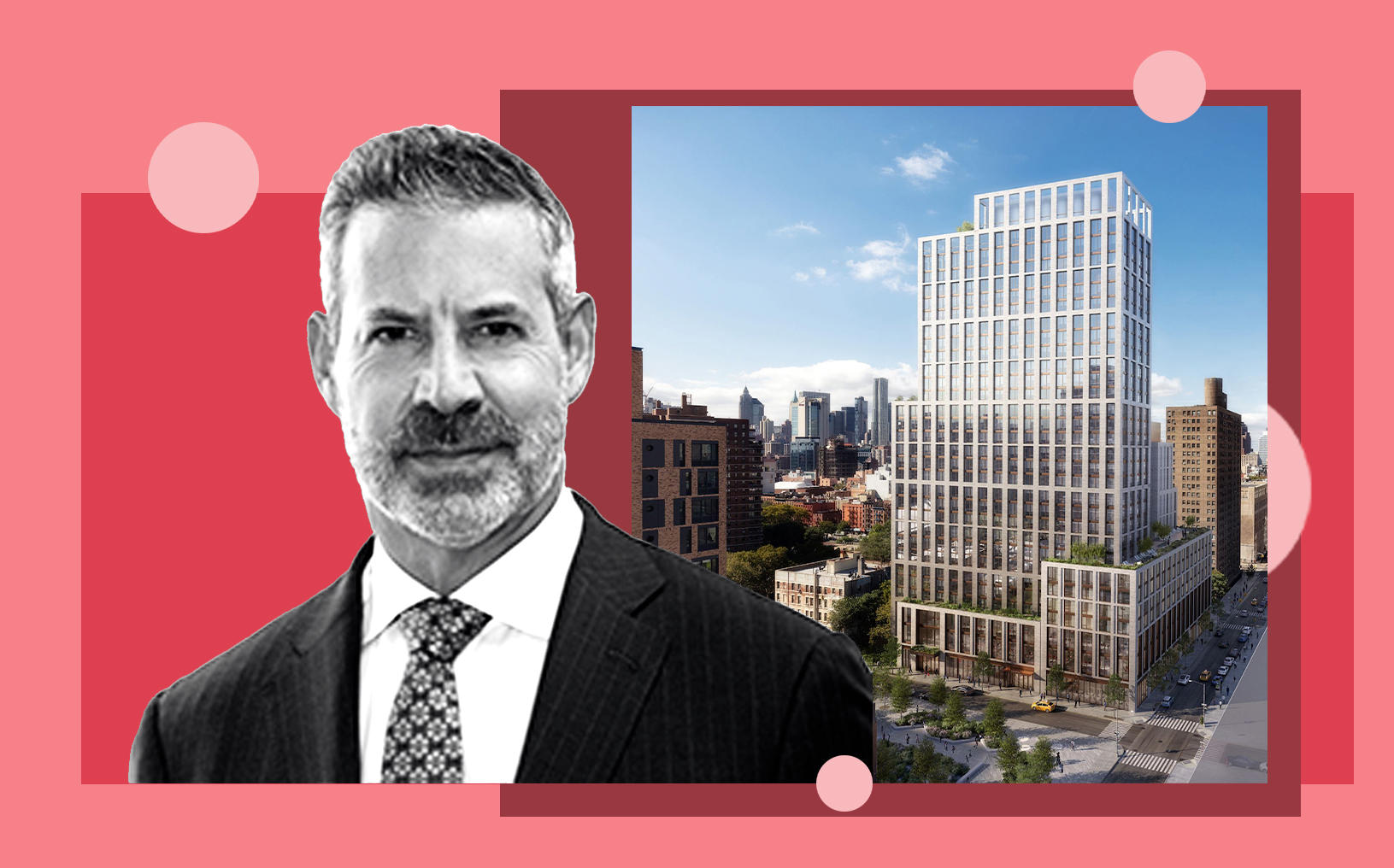 Gotham Organization CEO David Picket and a rendering of the Broome Street Development complex (Gotham; Community at Broome)