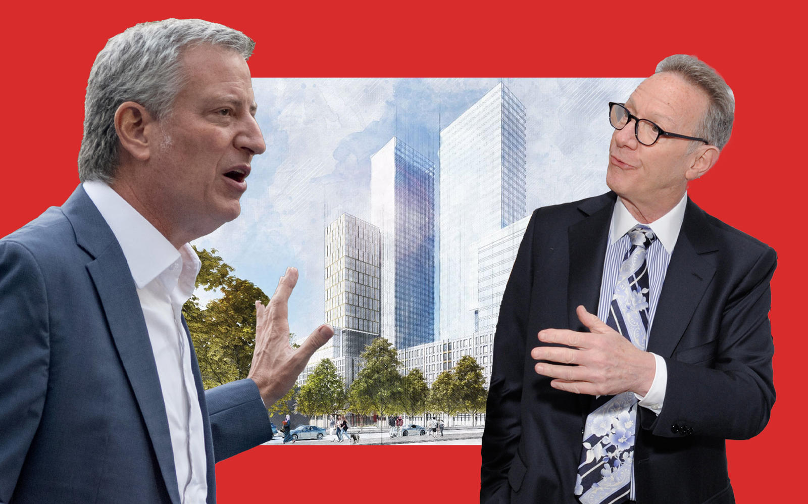 Mayor Bill de Blasio, Bruce Eichner of Continuum Company and a rendering of two 39-story residential towers at 960 Franklin Avenue in Crown Heights (Photos via Getty; YIMBY)