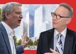 Mayor Bill de Blasio, Bruce Eichner of Continuum Company and a rendering of two 39-story residential towers at 960 Franklin Avenue in Crown Heights (Photos via Getty; YIMBY)