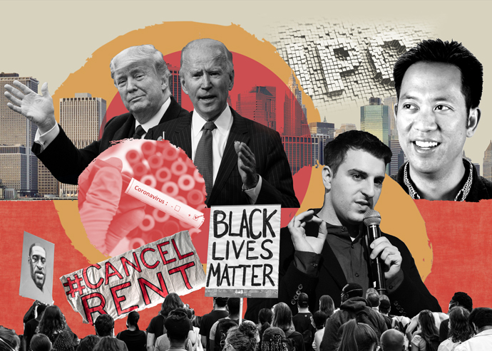 Clockwise from left: Donald Trump, Joe Biden, Airbnb CEO Brian Chesky, Opendoor CEO Eric Wu, Black Lives Matter protests (Illustration by The Real Deal)