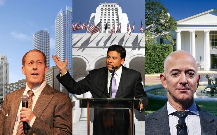 From left, Michael Rosenfeld and Century Plaza, Jose Huizar and City Hall, Jeff Bezos and 1801 Angelo Drive