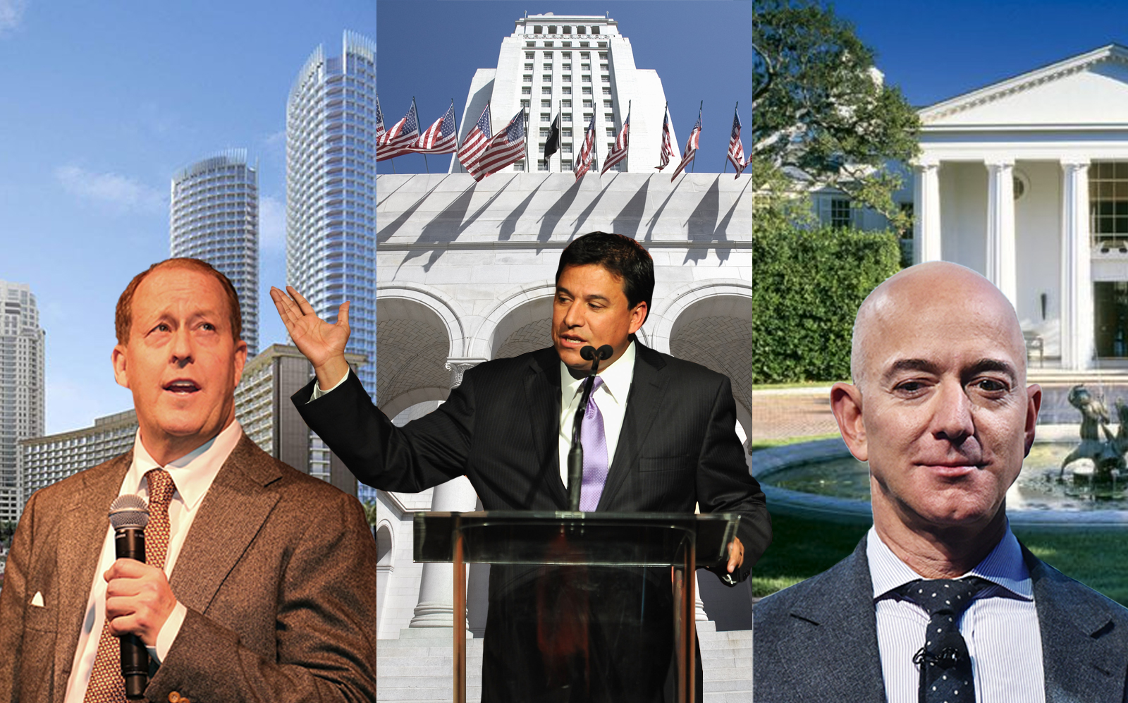 From left, Michael Rosenfeld and Century Plaza, Jose Huizar and City Hall, Jeff Bezos and 1801 Angelo Drive (Getty Images)