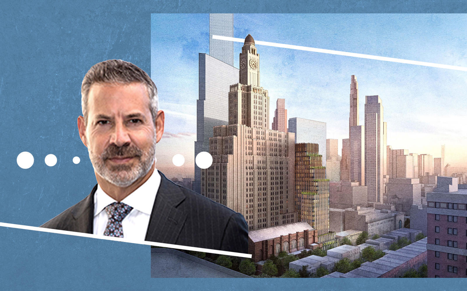 Gotham Organization CEO David L. Picket and renderings of the (Photos via Gotham; FXCollaborative)