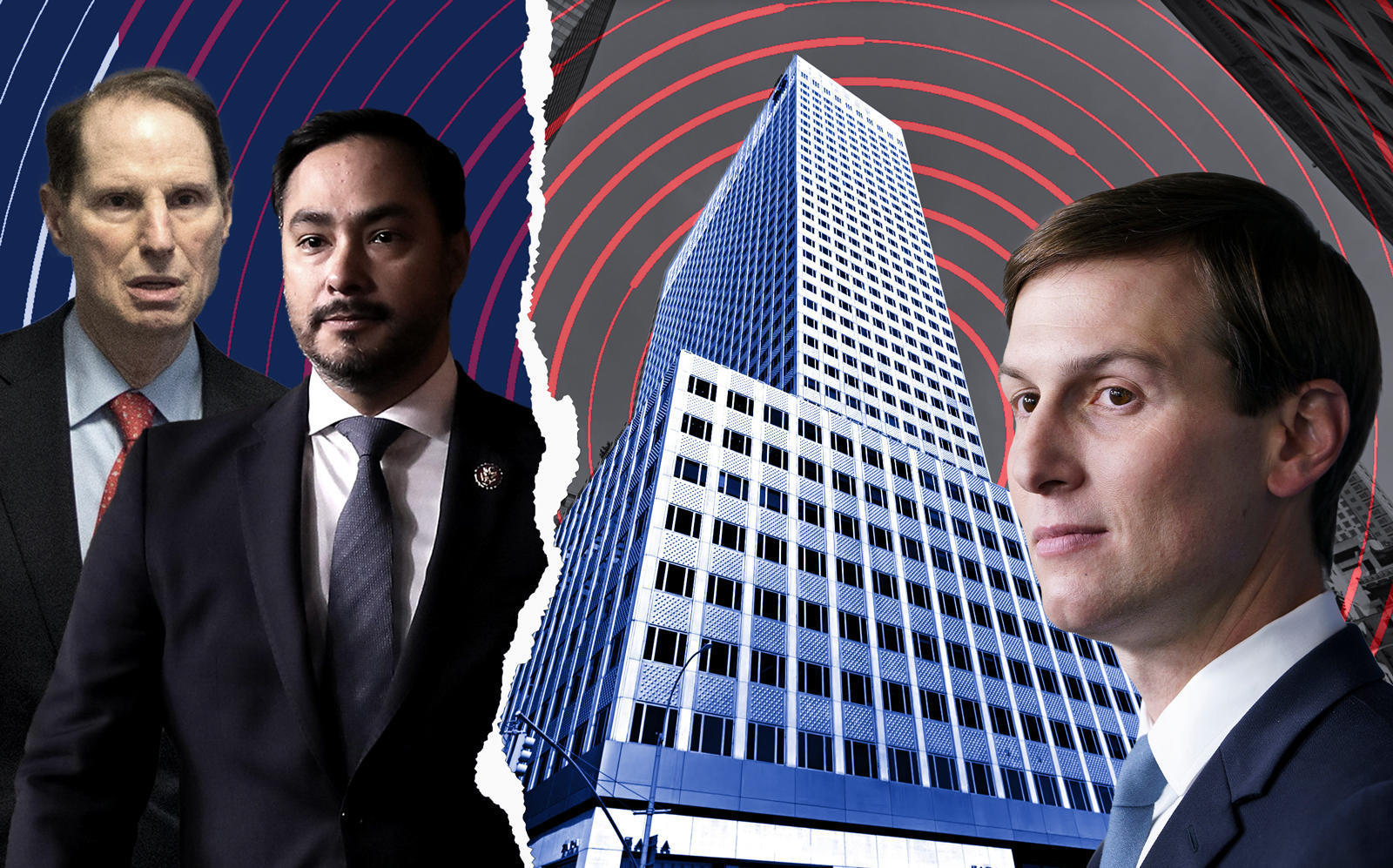 From left: Sen. Ron Wyden, Rep. Joaquin Castro, 666 Fifth Avenue and Jared Kushner (Getty; Google Maps)