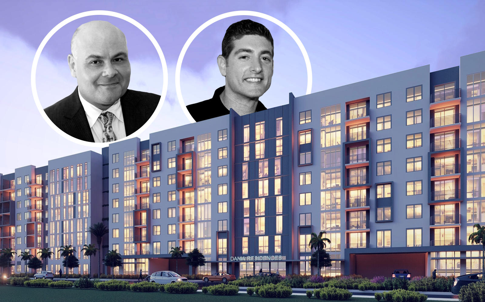 Rendering of Oasis Pointe apartments and Cymbal Development's Asi Cymbal and Hector Torres (Getty, Aztec Group, DLT Global)