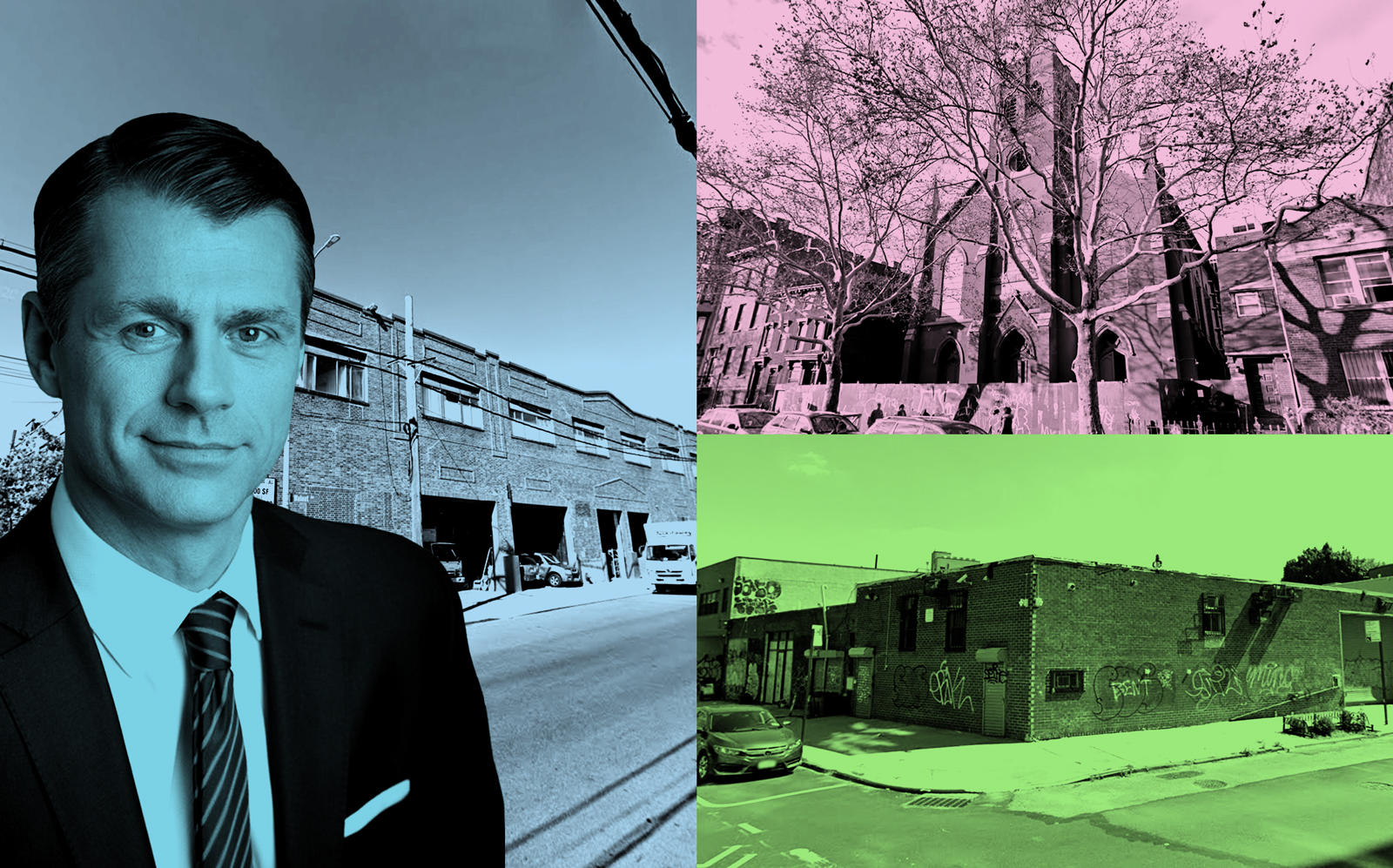 Clockwise from left: Brookfield Property Group CEO Brian Kingston, 845 East 136th Street in the Bronx, 1010 Bedford Avenue and 120 Evergreen Avenue in Brooklyn (Google Maps; Brookfield)