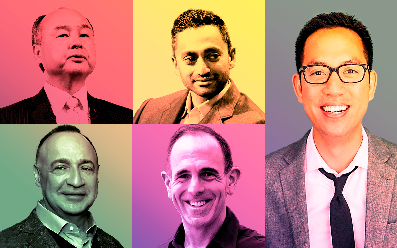 Clockwise from left: Softbank CEO Masayoshi Son, Social Capital CEO Chamath Palihapitiya, Opendoor CEO Eric Wu, Founders Fund partner Keith Rabois and Access Industries chairman Len Blavatnik (Getty; Opendoor; Founders Fund)