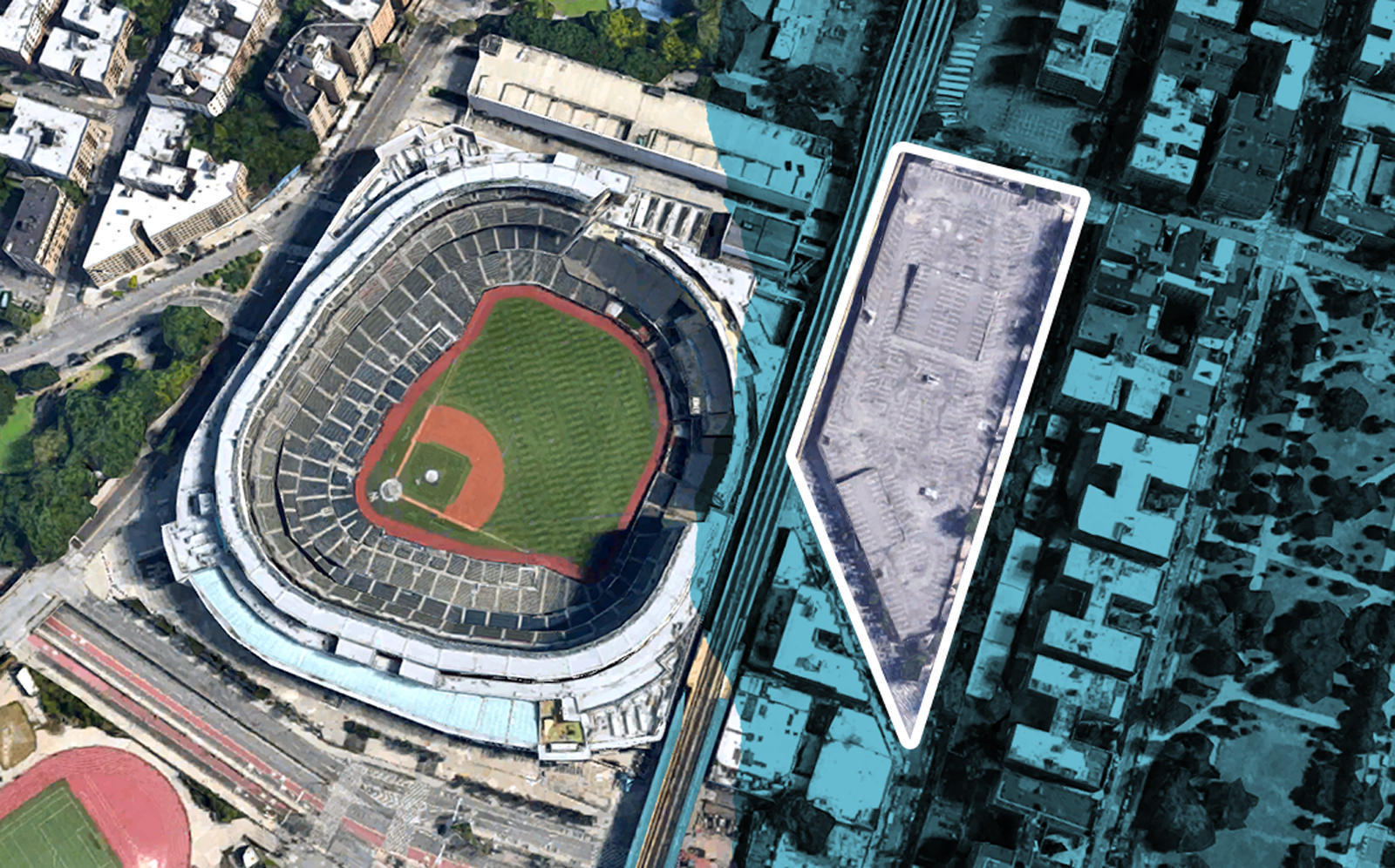 An aerial view of Yankees Stadium and the parking lot at 951 River Avenue in the Bronx (Google Maps)