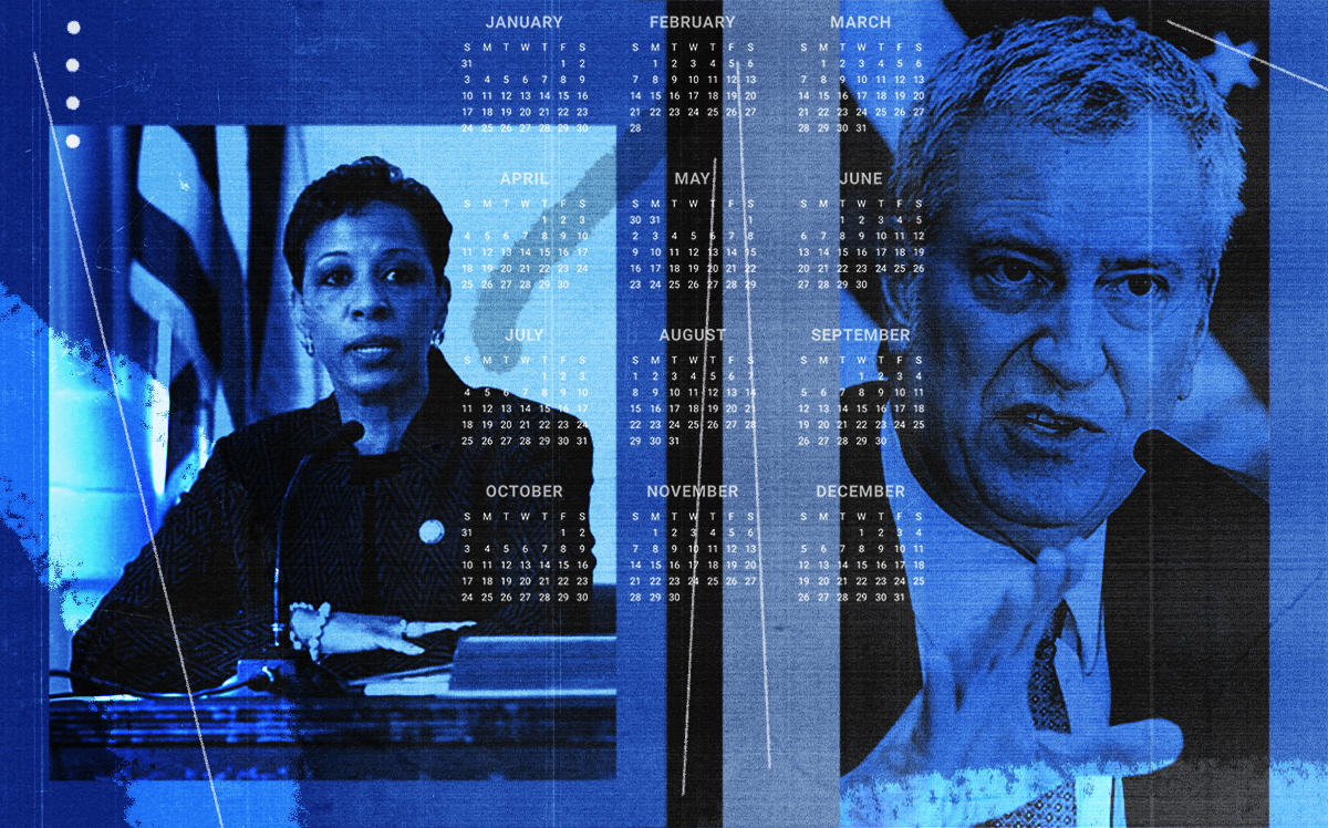 Queens Council member Adrienne Adams and Mayor Bill de Blasio (NYC Council, Getty, iStock/Illustration by Alexis Manrodt for The Real Deal)