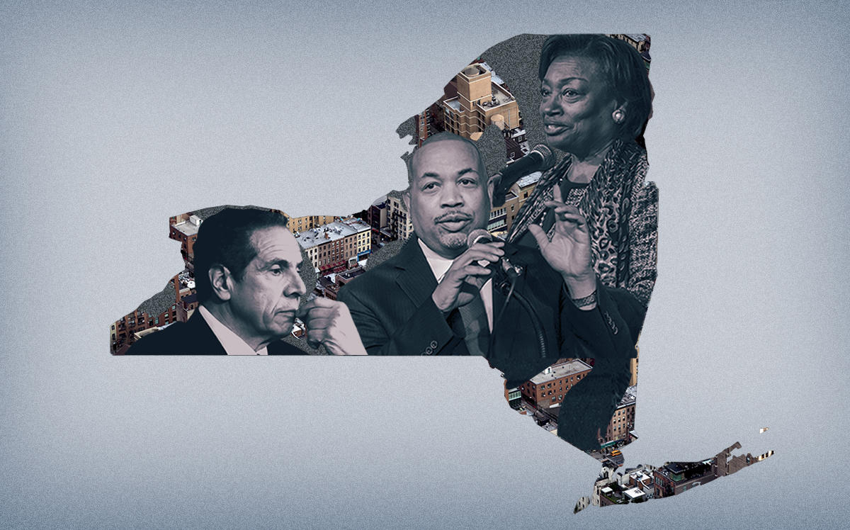 Gov. Andrew Cuomo with Assembly Speaker Carl Heastie and Senate Majority Leader Andrea Stewart-Cousins (Getty, iStock/Illustration by Alexis Manrodt for The Real Deal)
