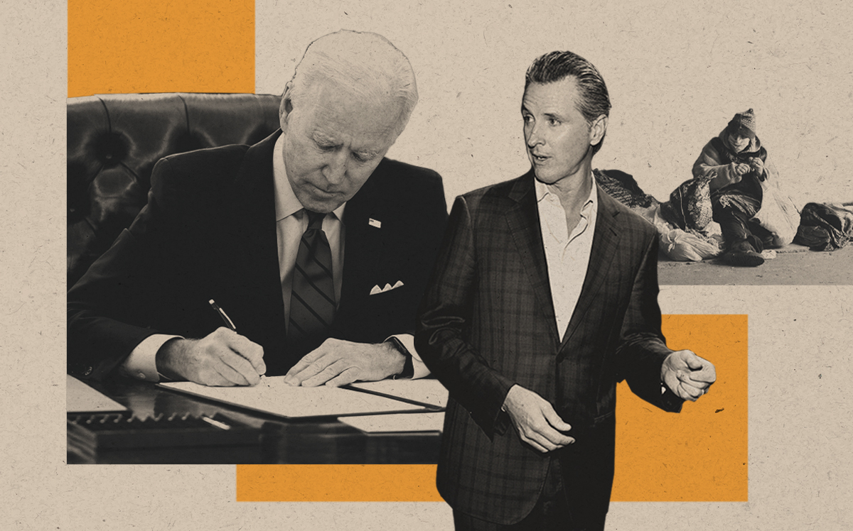 President Joe Biden and Gov. Gavin Newsom (Getty, iStock/Illustration by Alexis Manrodt for The Real Deal)