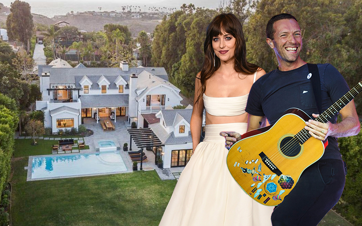 Dakota Johnson and Chris Martin with their Malibu home (Getty, Redfin)