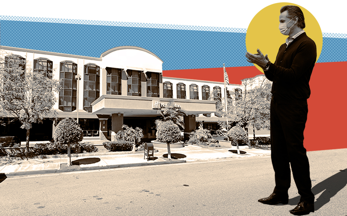 Photo illustration of Gov. Gavin Newsom and the Holiday Inn in Long Beach (Getty, Google Maps)