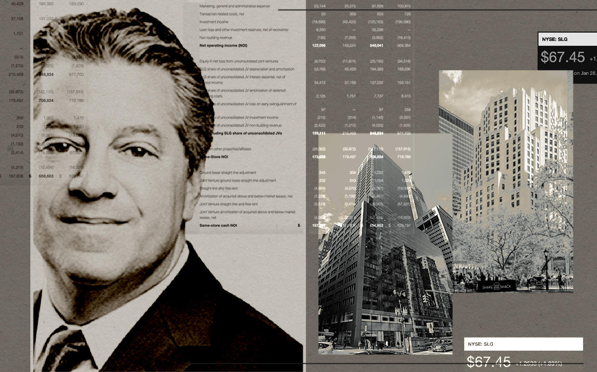 SL Green CEO Marc Holliday with 11 Madison Avenue and 100 Park Avenue (SL Green, Google Maps/Illustration by Alexis Manrodt for The Real Deal)