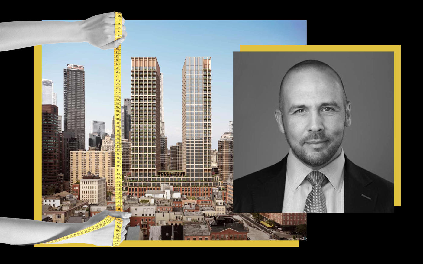 A rendering of 250 Water Street and Howard Hughes Corporation CEO David O'Reilly (SOM; Getty; iStock)