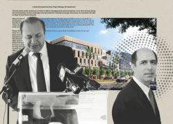 Charles Company's Arman and Mark Gabay with a rendering of Melrose Triangle project and a letter from project manager Jack Kurchian (Arman Gabay, Melrose Triangle)