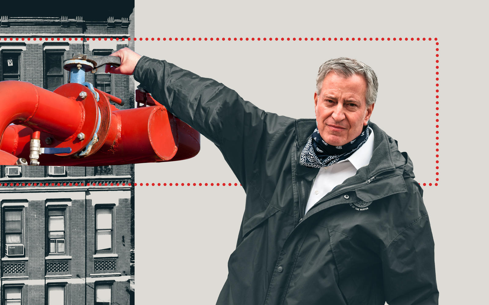 Photo Illustration of Mayor Bill de Blasio (Getty; iStock/Illustration by Kevin Rebong for The Real Deal)