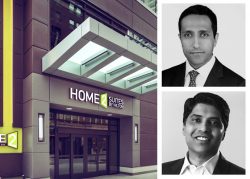 Akara Partners CEO Rajen Shastri, top right; Hersha Hospitality CEO Naveen Kakarla; and Home2 Suites on Huron Street. (Akara, Hersha, Hilton)