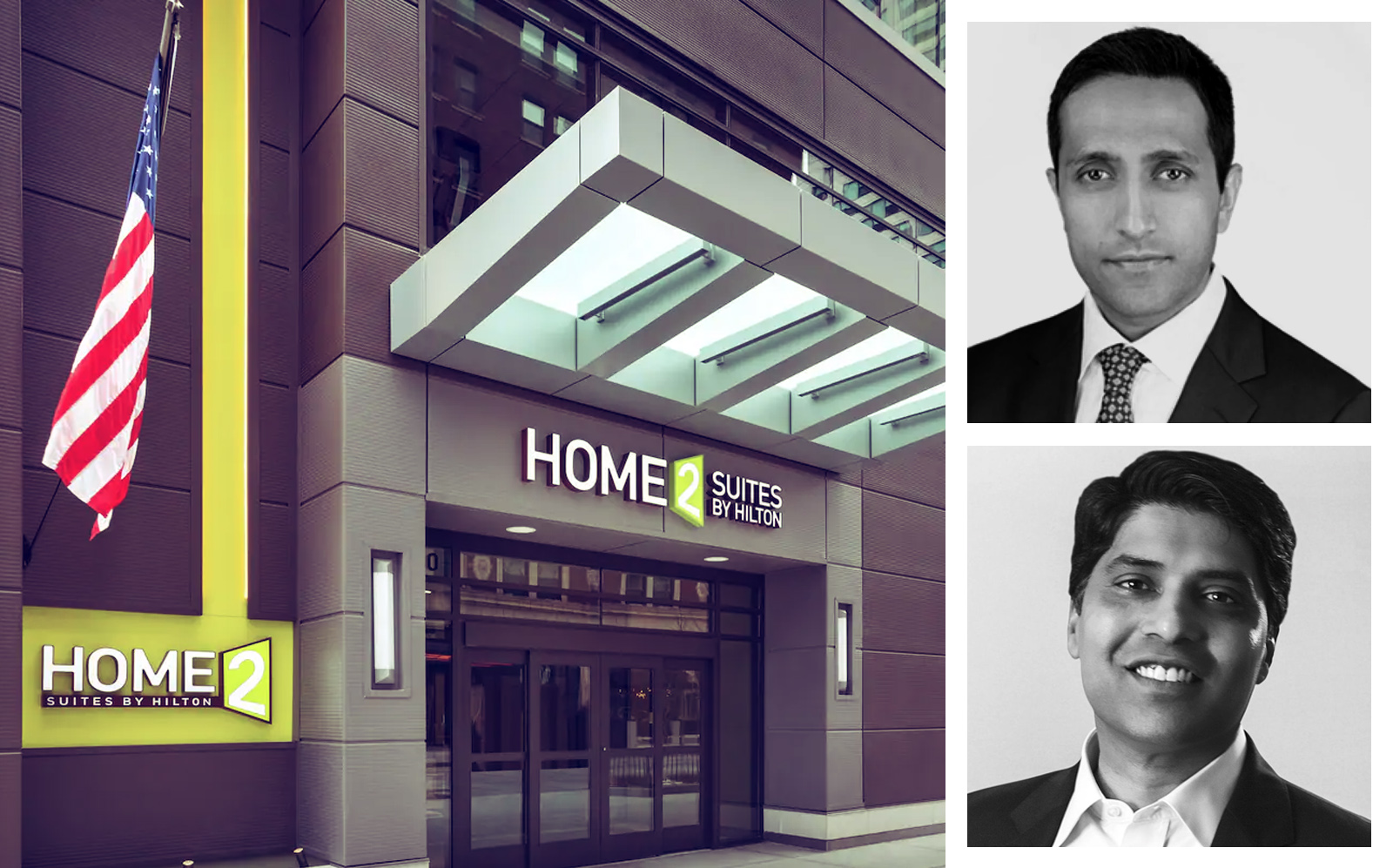 Akara Partners CEO Rajen Shastri, top right; Hersha Hospitality CEO Naveen Kakarla; and Home2 Suites on Huron Street. (Akara, Hersha, Hilton)