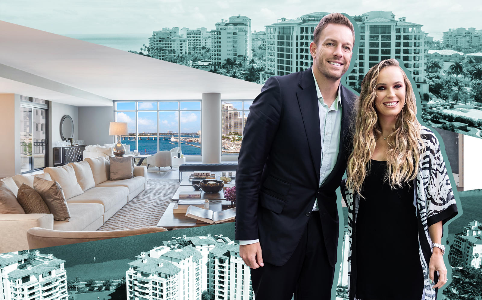 Caroline Wozniacki and David Lee and Palazzo Del Sol, Fisher Island (Photos via Getty; The Jills Zeder Group/photography by Lifestyle Production Group)
