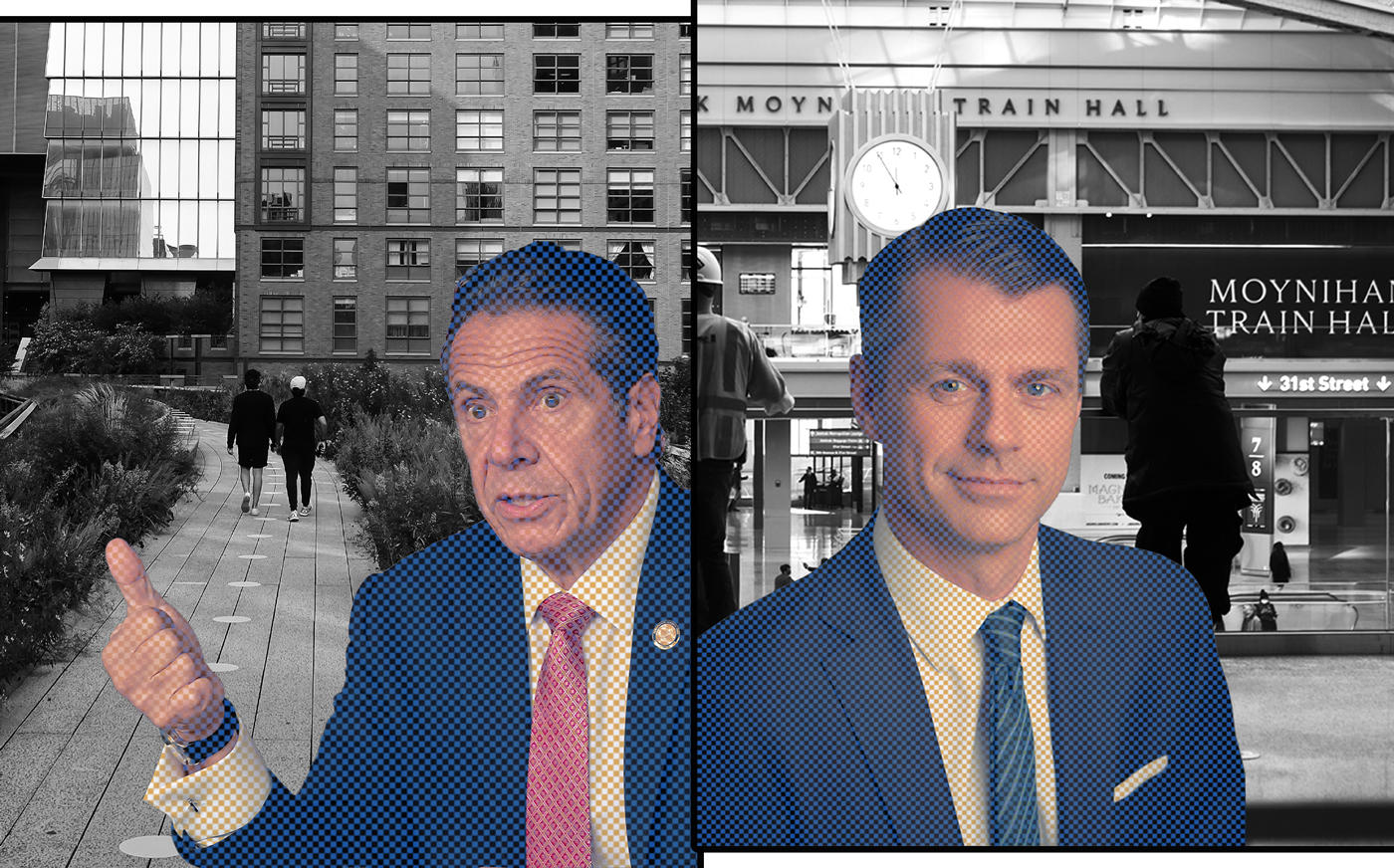 Gov. Andrew Cuomo and Brookfield’s Brian Kingston with the High Line and the Moynihan Train Hall (Getty)