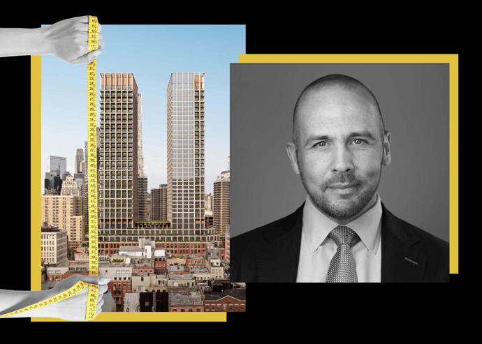 A rendering of 250 Water Street and Howard Hughes Corporation CEO David O'Reilly (SOM; Getty; iStock)