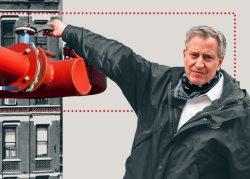 Photo Illustration of Mayor Bill de Blasio (Getty; iStock/Illustration by Kevin Rebong for The Real Deal)