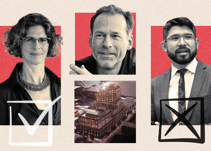From left: BSA chairwoman Margery Perlmutter, DRAW Brooklyn founder Alexandros Washburn, New York City Council Member Carlos Menchaca with renderings of the project (Photos via the City of New York, LinkedIn and Arquitectonica)