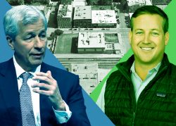 Sterling Bay’s Andy Gloor (right), JPMorgan’s Jamie Dimon and 370 North Carpenter Avenue in Fulton Market, one of two properties the companies are selling. (Sterling Bay; Getty; Google Maps)