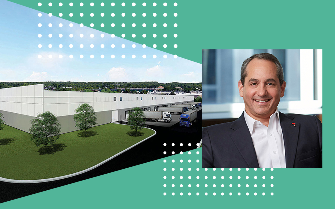 Travelers CEO Alan Schnitzer and a rendering of the distribution center (Photos via Travelers; rendering via JLL)