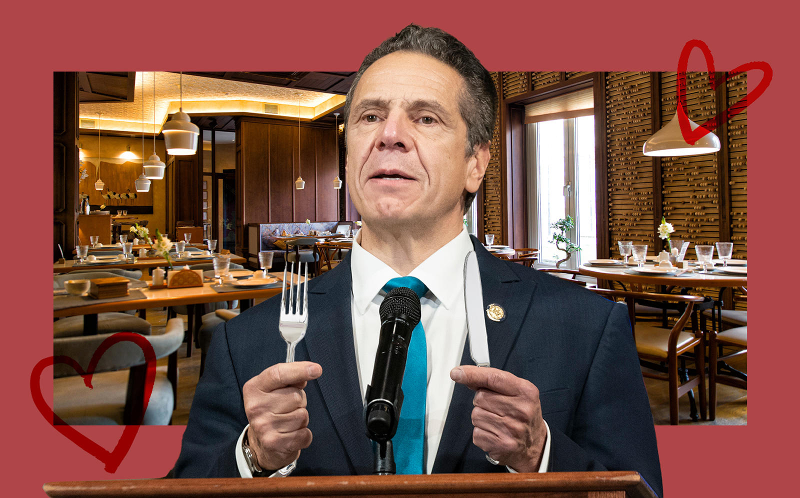 Photo illustration of Governor Andrew Cuomo (Getty, iStock/Illustration by Kevin Rebong for The Real Deal)