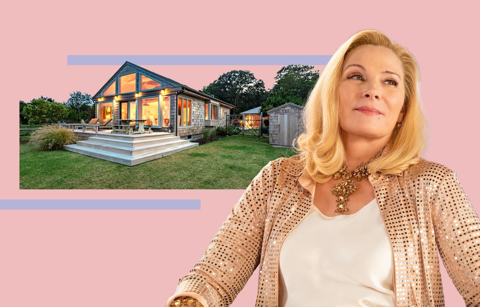 Kim Cattrall and 105 Gerard Drive in East Hampton (Getty; Sotheby’s via Rebekah C Baker)