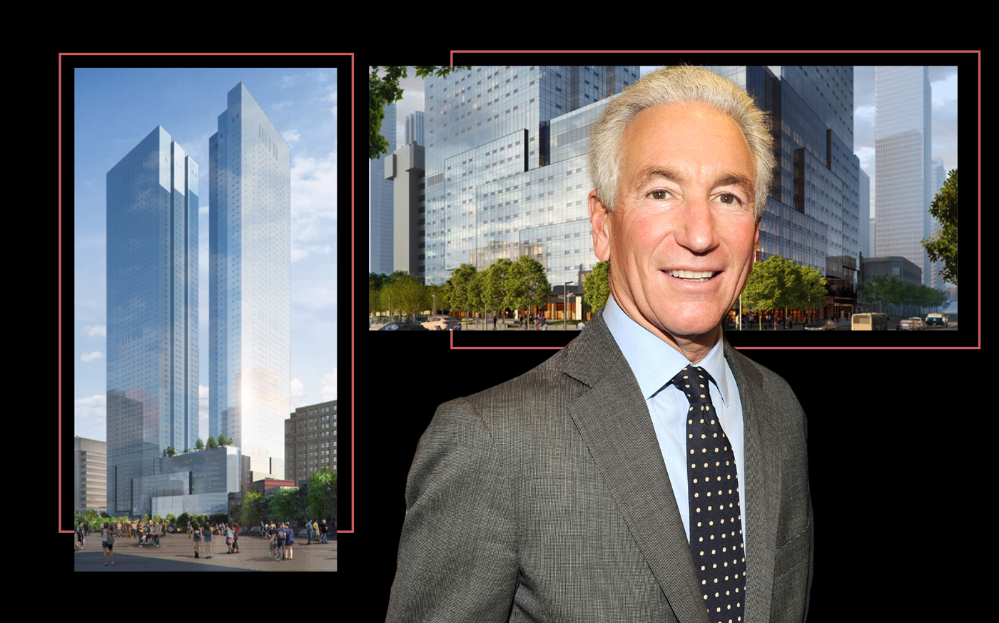 Charles Kushner and renderings of One Journal Square in Jersey City (Photos via Getty; Kushner/Woods Bagot)
