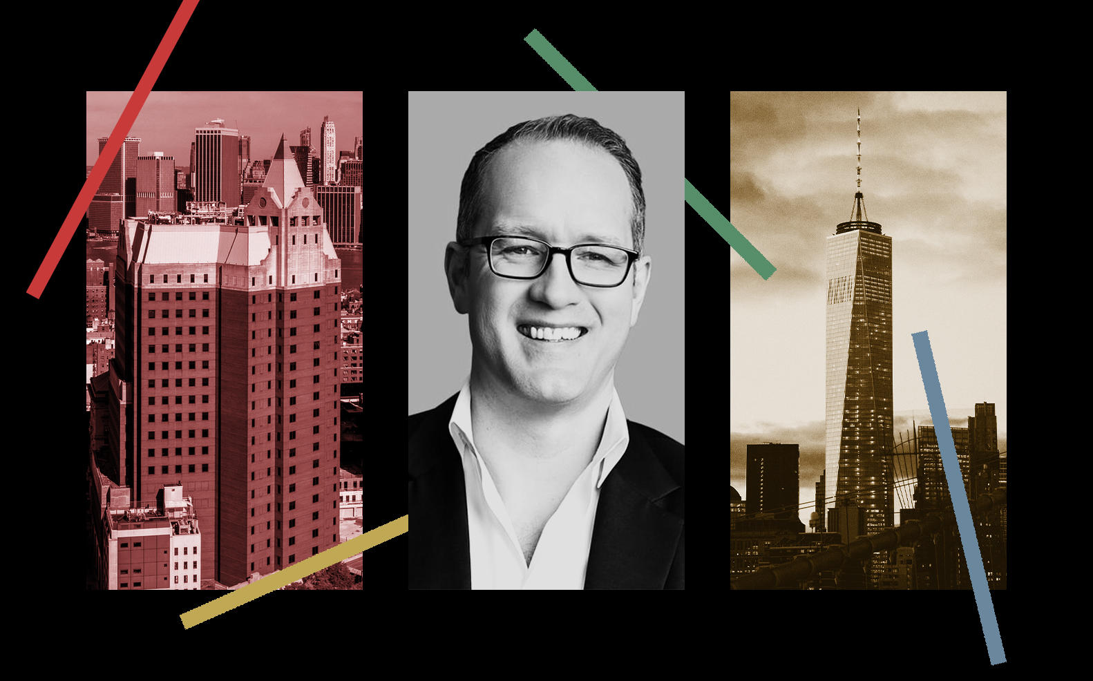 Cushman & Wakefield's Toby Dodd with One Pierrepont Plaza in Brooklyn and One World Trade Center (Photos via Cushman, Brookfield and Pixabay)