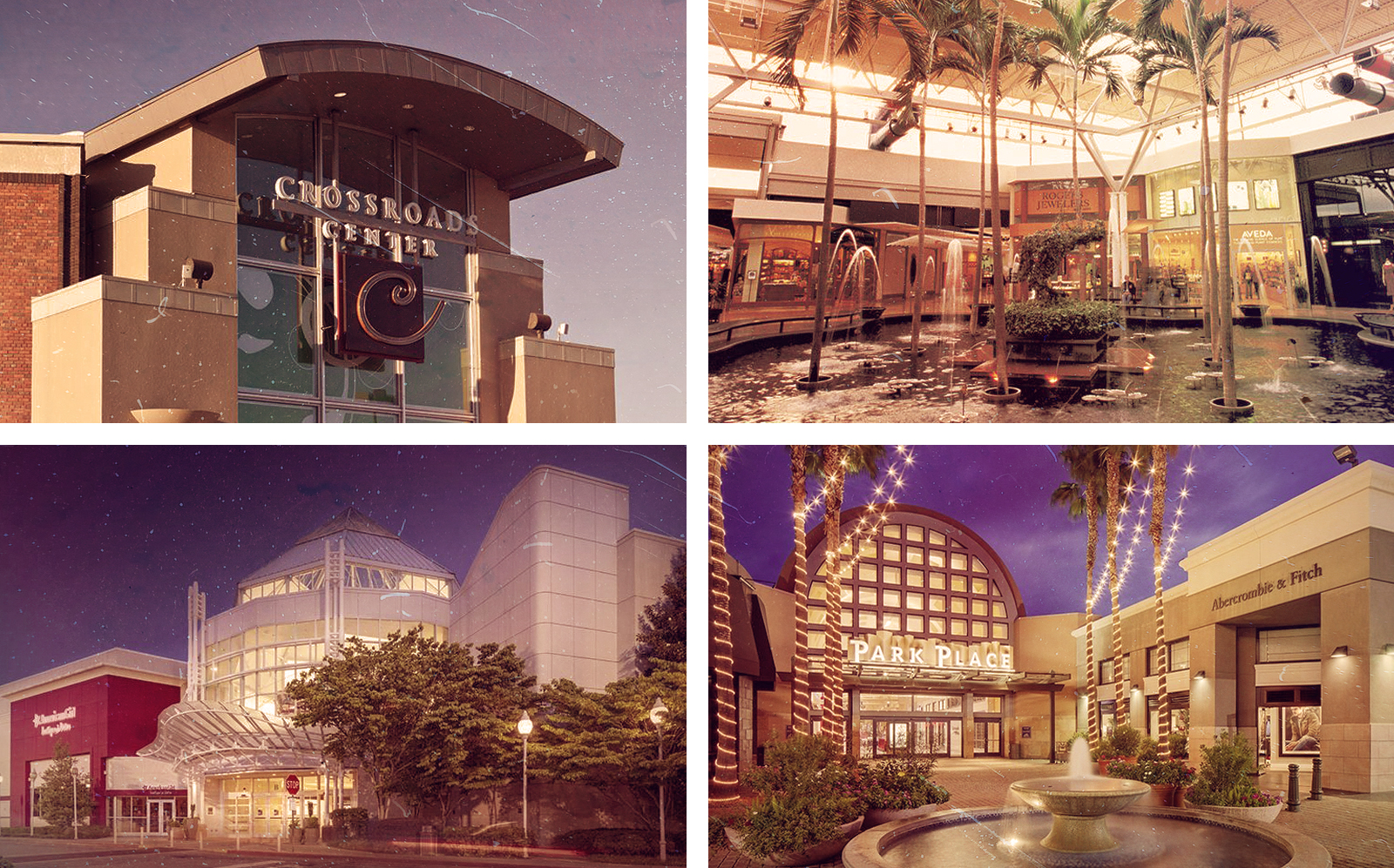 Clockwise from top left: Brookfield's Crossroads Center in Minnesota, Mall St. Matthews in Kentucky, Park Place Mall in Arizona and North Point Mall in Georgia. (Credit: Crossroads Center, Mall St. Matthews, Park Place, North Point)