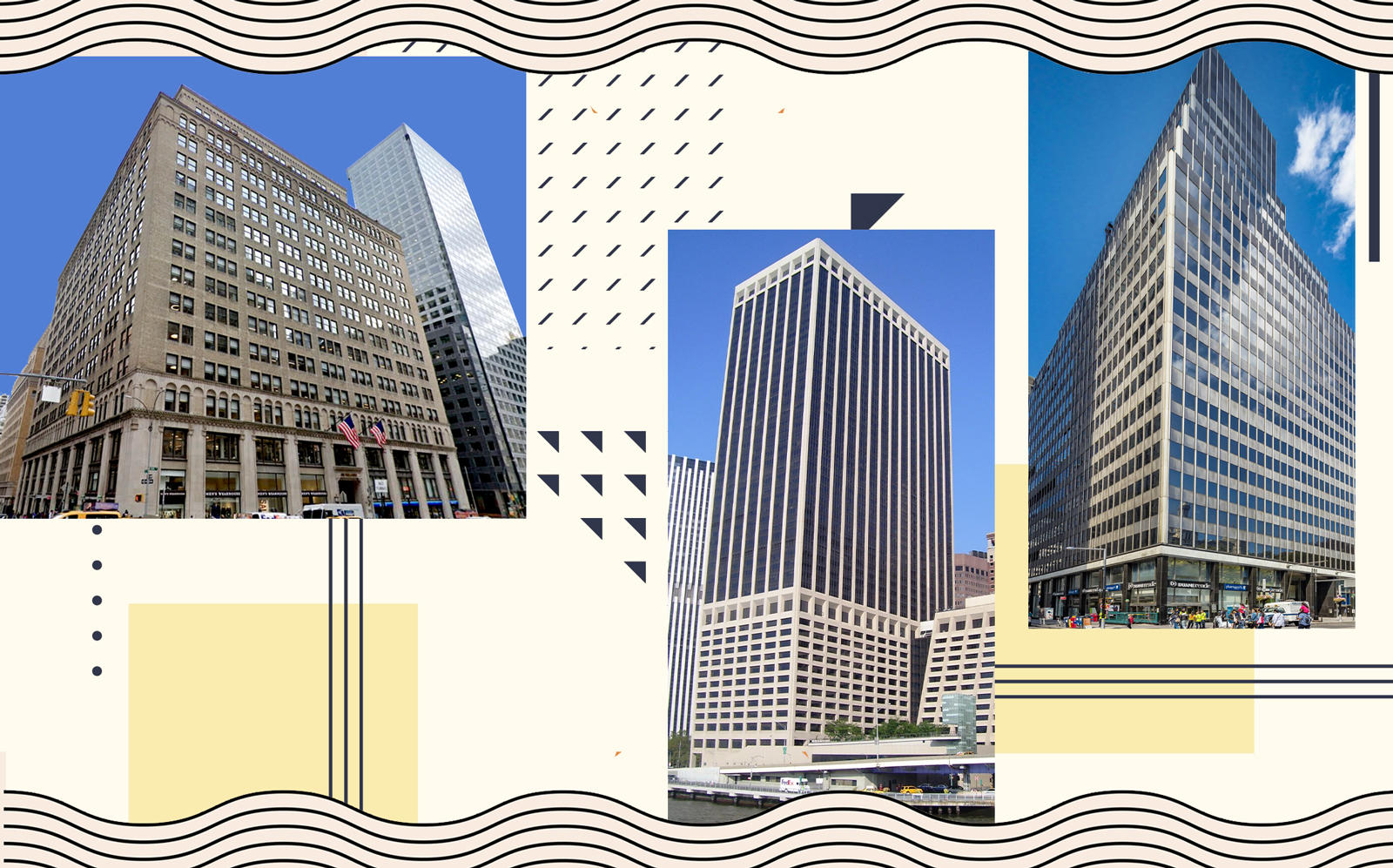 From left: 1 Park Avenue, 55 Water Street, 250 Broadway (Photos via Wikipedia, Google Maps, Eastern Consolidated)