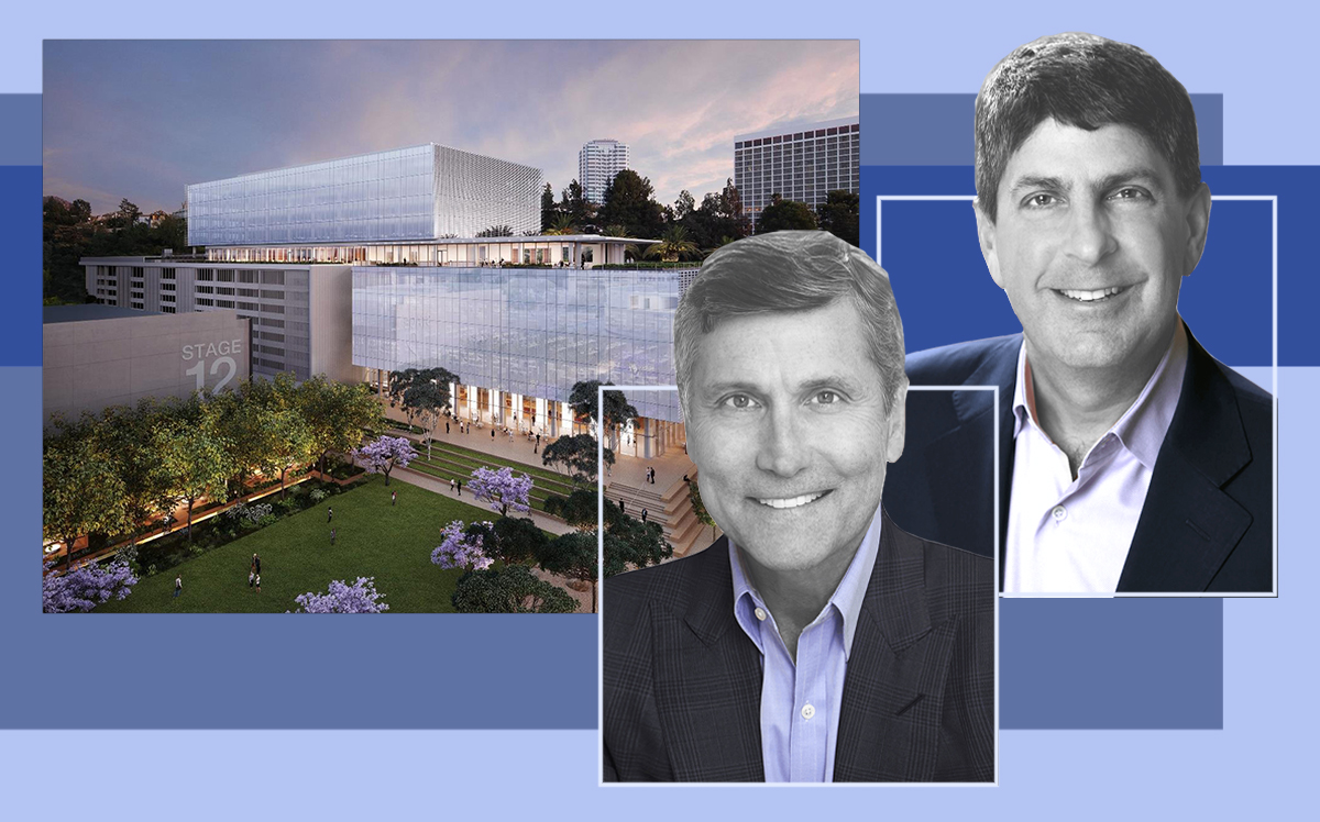 NBCUniversal Chairman Steve Burke and CEO Jeff Shell with a rendering of the office project (NBCUniversal)