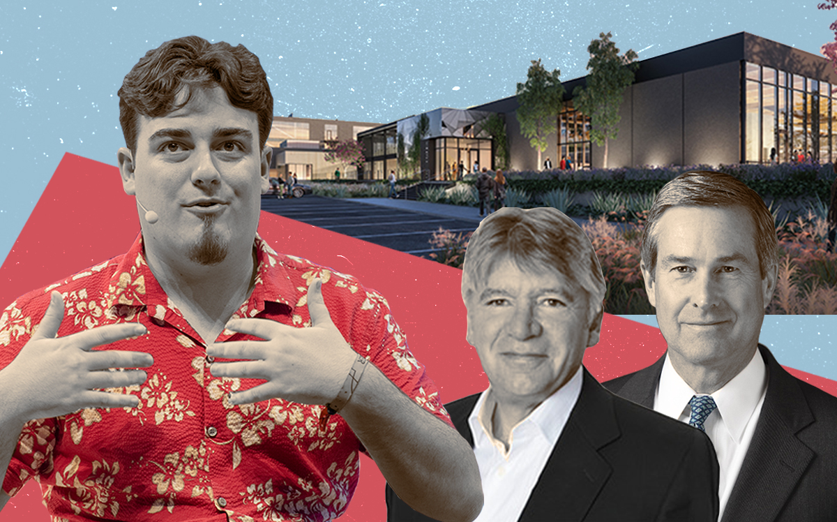Anduril’s Palmer Luckey, SteelWave CEO Barry DiRaimondo and Invesco Real Estate CEO R. Scott Dennis with a rendering of the property (Getty, Steelwave)