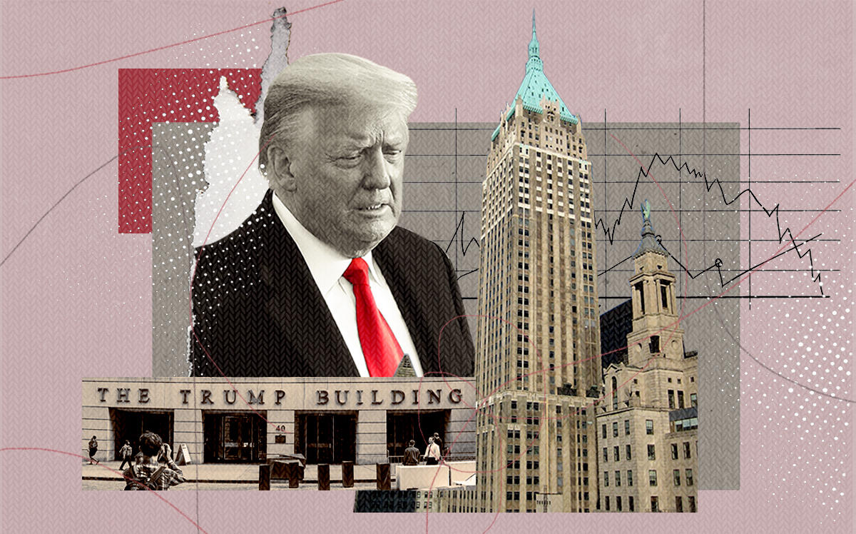 President Donald Trump and 40 Wall Street (Getty, Wikimedia Commons, iStock/Illustration by Alexis Manrodt for The Real Deal)
