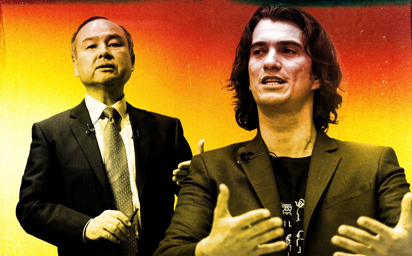 Softbank CEO Masayoshi Son and Adam Neumann (Getty/Illustration by Kevin Rebong for The Real Deal)