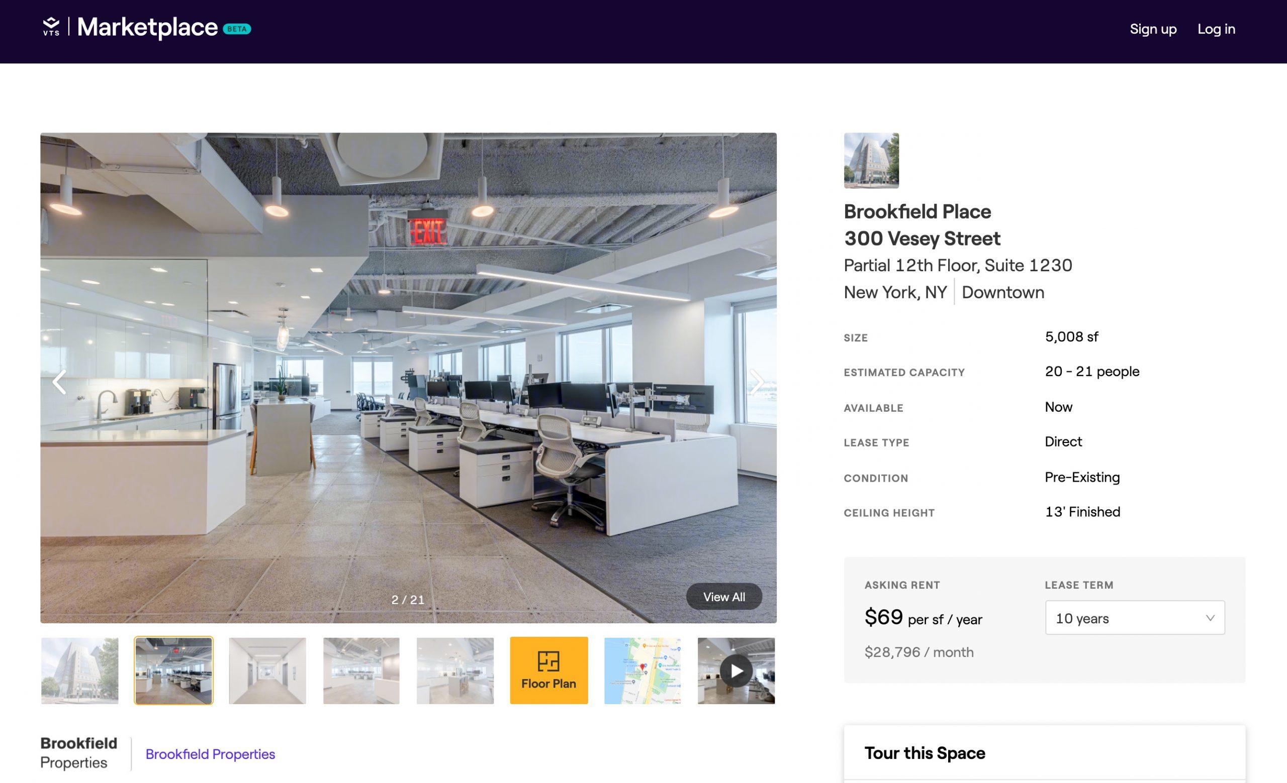 The listing page for an available space at Brookfield Properties’ 300 Vesey Street on the VTS Marketplace