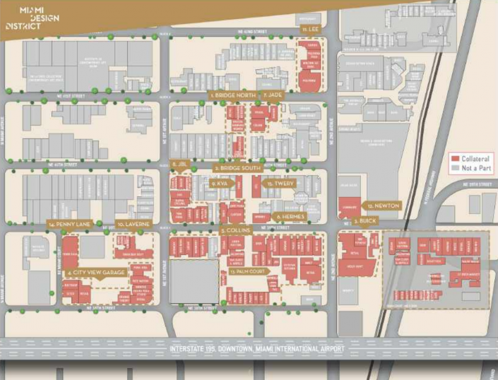 Miami Design District map showing buildings included in loan collateral. (Source: Loan prospectus via Trepp)