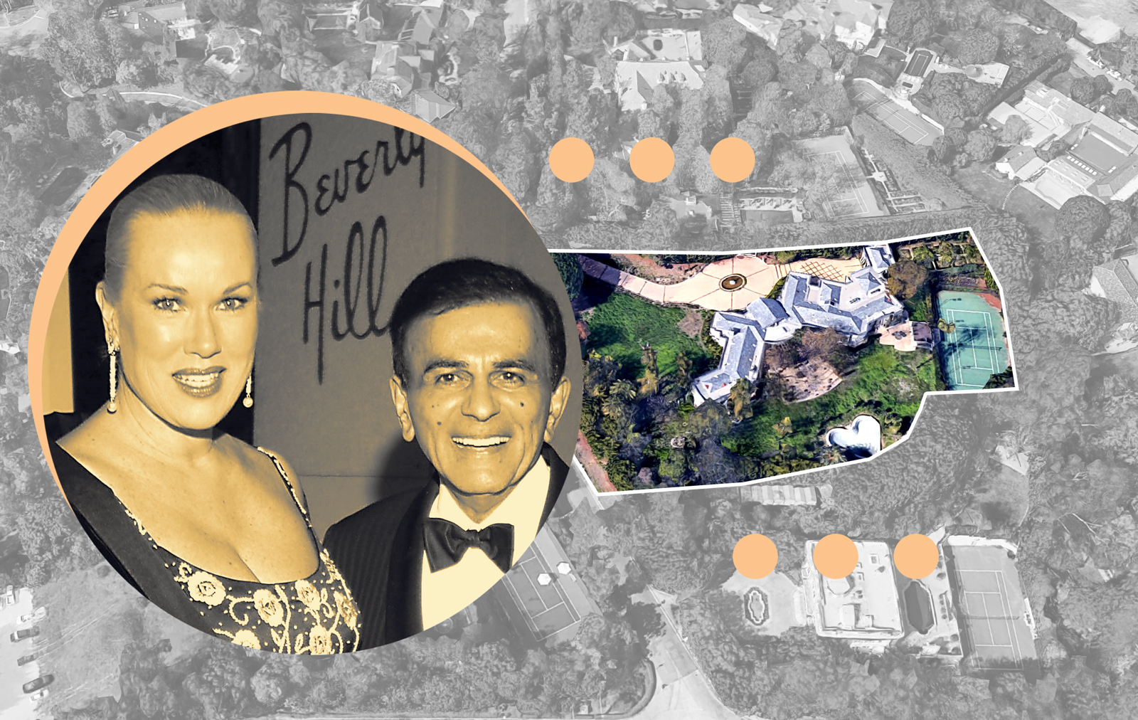 Casey and Jean Kasem and an aerial of the Beverly Crest mansion at 138 N Mapleton Dr (Photos via Getty, Google Maps)