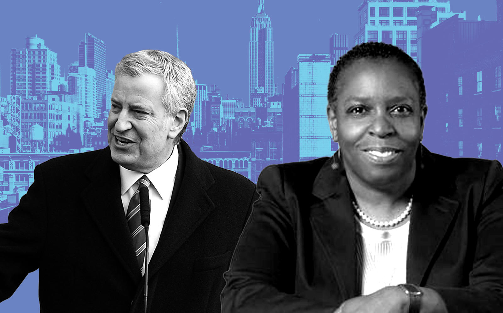 Mayor Bill de Blasio and Tax Equity Now New York's Martha Stark (Getty, iStock, NYU)