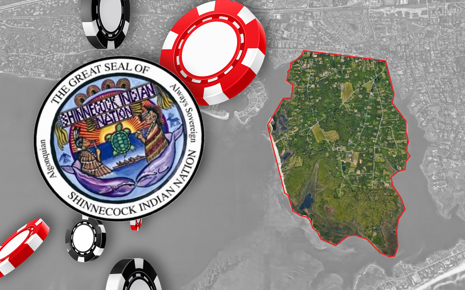 The Shinnecock Nation seal and an aerial of Shinnecock Nation in Southampton (Photos via Facebook, iStock, Google Maps)